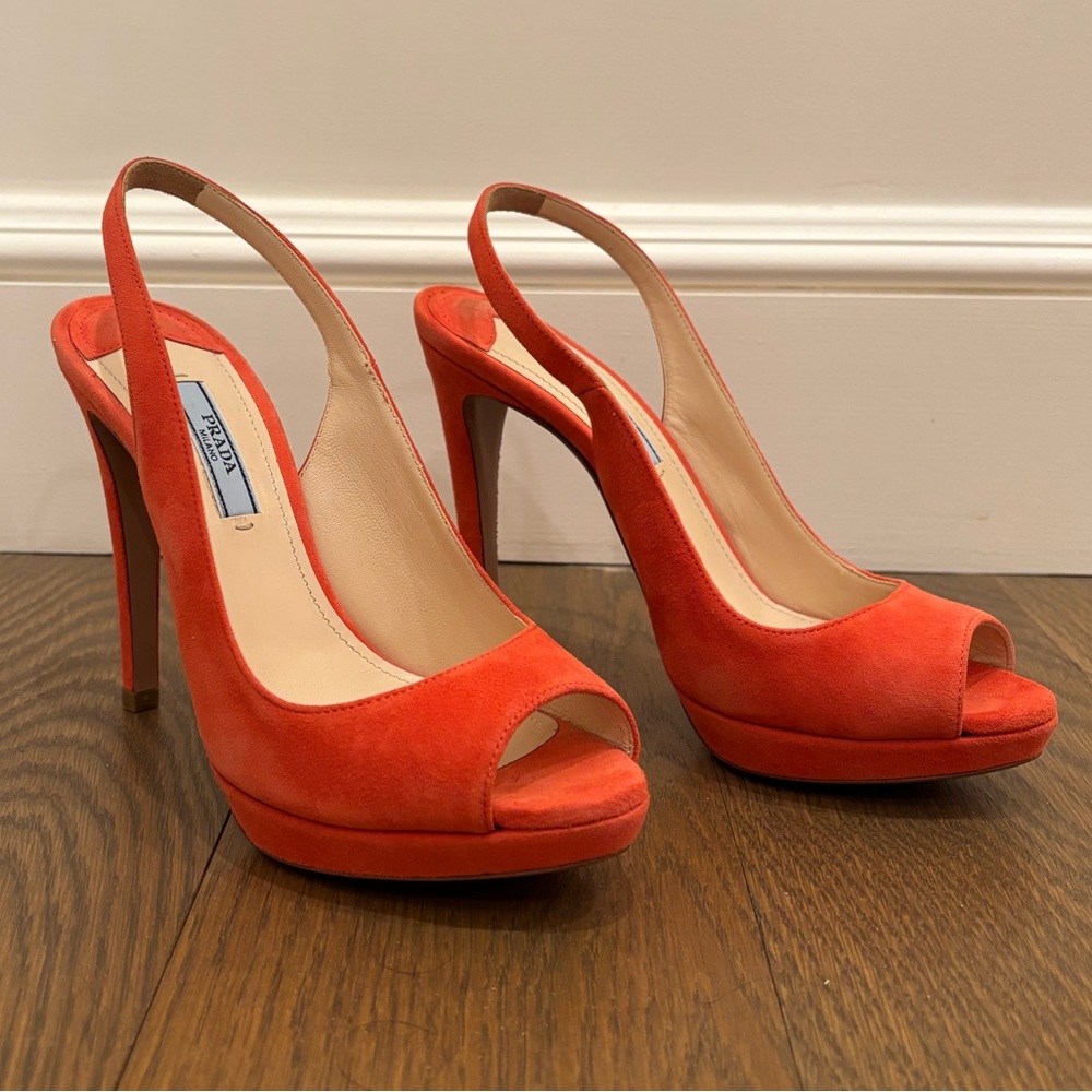 NWT! Prada Coral Suede Platform Peep-Toe Heels Slingbacks sz 36.5
